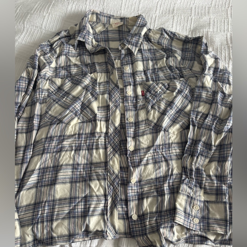 Levi's Cream and Blue Plaid Long-Sleeve Button-Down Shirt